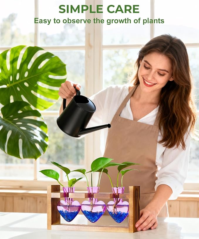 Nacome Plant Terrarium Propagation Stations: Birthday Gifts for Plant Lovers Women Mom Wife - Wooden Stand Tabletop Planter 3 Bulb Glass Vase Heart Shaped for Hydroponics Indoor Home(Purple)