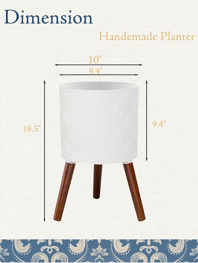 12 Inch Planter Pot with Stand, Planter for Indoor Plants, Modern Large Flower Planter Pot with Drainage Holes for Outdoor,Matte White