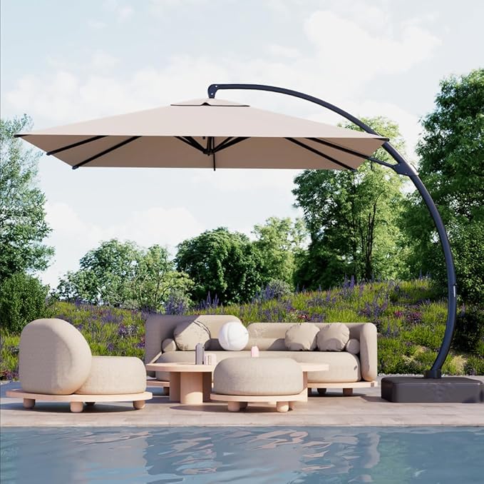 Kingdura 10x10 FT Cantilever Patio Umbrella with Base Included, Large Square Offset Outdoor Pool Umbrella, 360° Rotation & Infinite Tilt, Heavy Duty Aluminum Frame for Deck Backyard, Beige