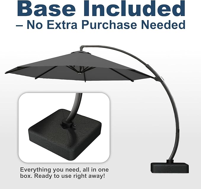 11FT Cantilever Umbrella with Base Large Curvy Outdoor Aluminum Offset Umbrella w/ 360° Rotation, UV Resistant Canopy for Patio, Garden, Backyard, Gray