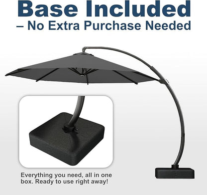 11FT Cantilever Umbrella with Base Large Curvy Outdoor Aluminum Offset Umbrella w/ 360° Rotation, UV Resistant Canopy for Patio, Garden, Backyard, Gray