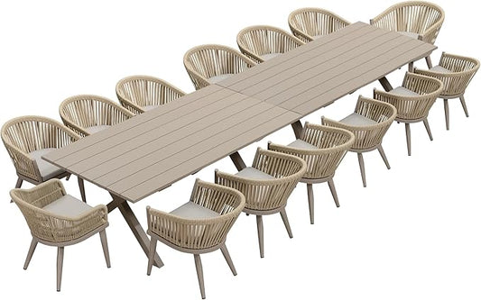 PURPLE LEAF 16 Pieces Outdoor Dining Set with Patio Aluminium Rectangular Dining Table and Wicker Chairs Modern Furniture Cushions Sets for Backyard Indoor Decor Kitchen Champagne