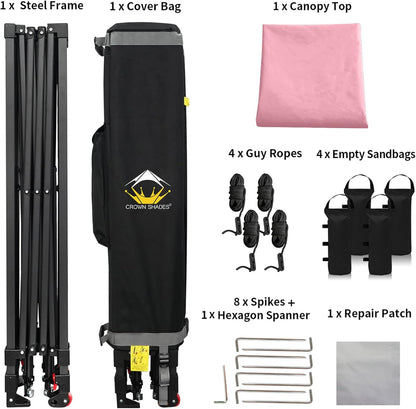 CROWN SHADES 10x10 Pop Up Canopy Tent - Patented Center Lock One Push Instant Outdoor Canopy Beach Tent with STO-N-Go Bag 8 Stakes & 4 Sand Bags，Pink