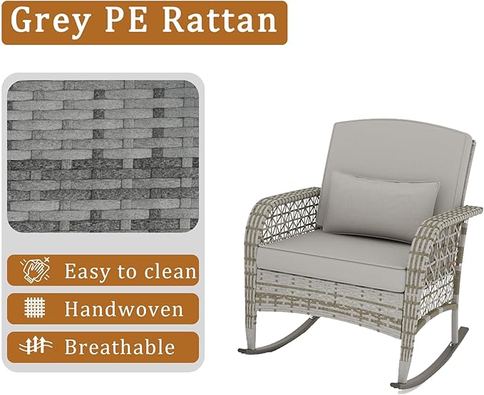 DECMICO 3-Piece Rattan Rocking Chair Set, PE Patio Bistro Furniture with Cushions & Coffee Table for Garden Backyard Porch, Light Grey