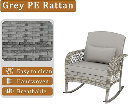 DECMICO 3-Piece Rattan Rocking Chair Set, PE Patio Bistro Furniture with Cushions & Coffee Table for Garden Backyard Porch, Light Grey