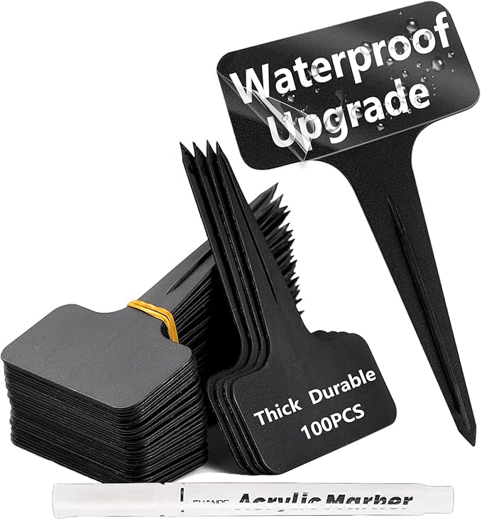 100 Pcs Waterproof Black Durable Plastic Plant Outdoor Garden Labels Nursery Markers T-Type Thick Tags Re-Usable for Vegetables Seedlings