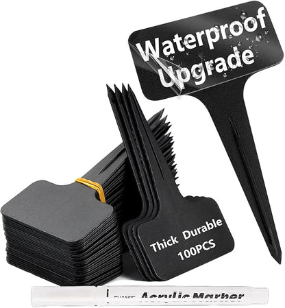 100 Pcs Waterproof Black Durable Plastic Plant Outdoor Garden Labels Nursery Markers T-Type Thick Tags Re-Usable for Vegetables Seedlings