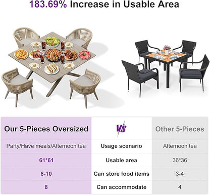 PURPLE LEAF 5 Pieces Oversized Square Outdoor Dining Set with Patio Aluminium Dining Table and Wicker Chairs Modern Furniture Cushions Sets for Backyard Indoor Decor Kitchen Champagne