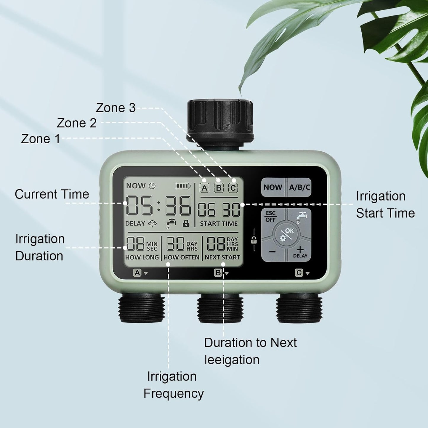 Watering Timer 3 Zone, Sprinkler Timer, Programmable Garden Outdoor Hose Faucet Timer with Rain Delay, Auto & Manual Watering System,Water Hose Irrigation Timers 3 Outlet for Garden