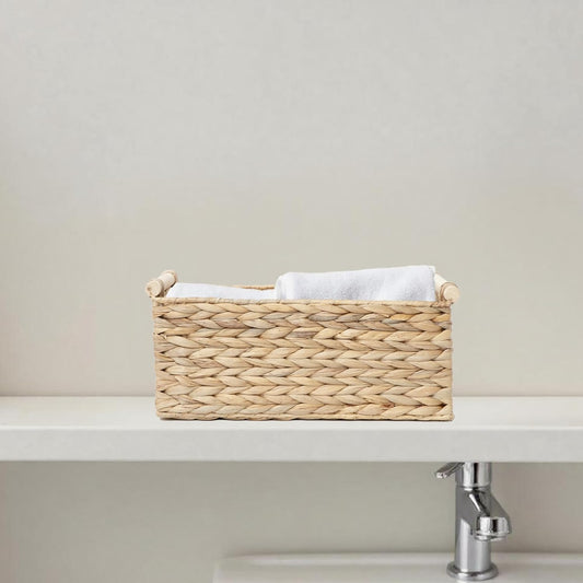 Handmade Water Hyacinth Woven Storage Baskets with Wooden Handles, Rectangle Rustic Organizer Set for Home Decor, Kitchen, Bedroom & Office (Medium)