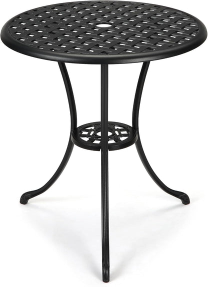 24" Outdoor Round Patio Bistro Table, Cast Aluminum Outdoor Cafe Table with 2 inch Umbrella Hole for Porch,Backyard,Garden, (Classic Square Pattern, Black)