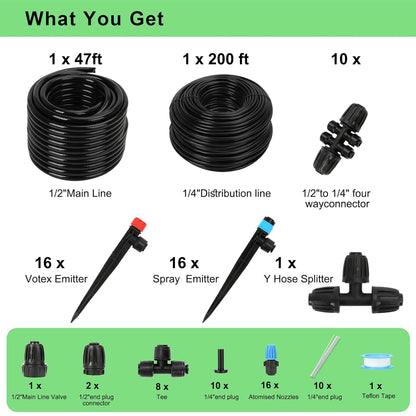 247FT Drip Irrigation Kit – 2025 New Quick-Connect Micro Irrigation System with 1/4'' 1/2'' Tubing, Locking Nozzle Emitters, Adjustable Misting Sprayers for Gardens, Lawns,Raised Beds and Greenhouses