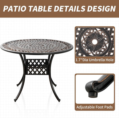Cast Aluminum Outdoor Dining Table 42" Round Patio Dining Table with 1.7" Umbrella Hole,Large Garden Patio Table for 4-6 People, Bronze