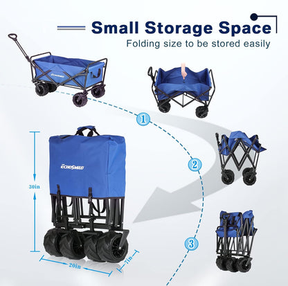 EchoSmile Heavy Duty 350 Lbs Capacity Collapsible Wagon, Outdoor Folding Camping Wagons, Grocery Portable Utility Cart, Adjustable Rolling Carts, All Terrain Sports Wagon with Big Wheels by Boahaus