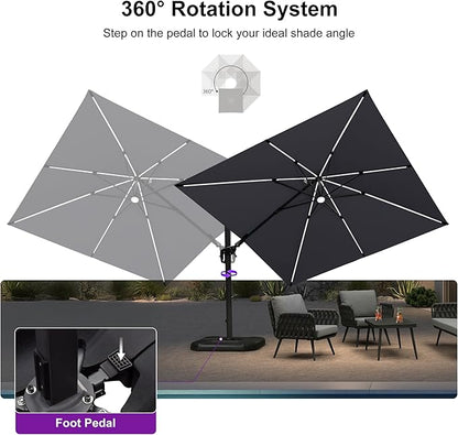 PURPLE LEAF 10 Feet Patio Umbrella Outdoor Cantilever Solar Powered LED Swivel Square Umbrella Aluminum Offset Umbrella with 360-degree Rotation for Garden Deck Pool Patio Light Grey