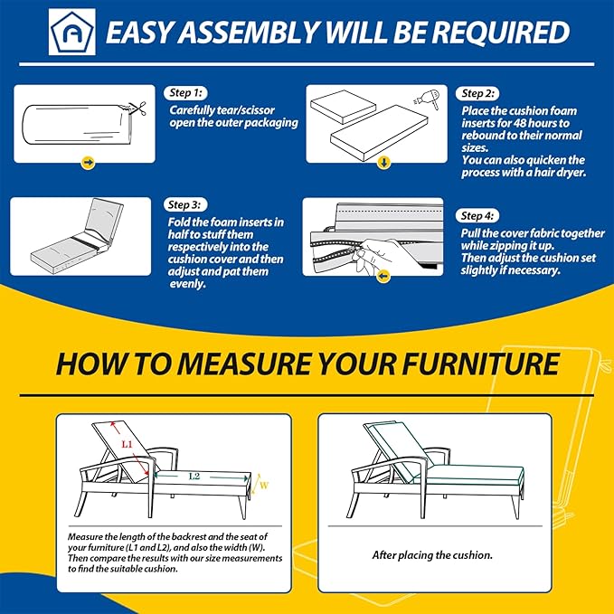 AAAAAcessories Outdoor Chaise Lounge Cushions, Waterproof, Fade-Resistant Patio Furniture Replacement Cushions, 72" x 21" x 3", Navy Blue