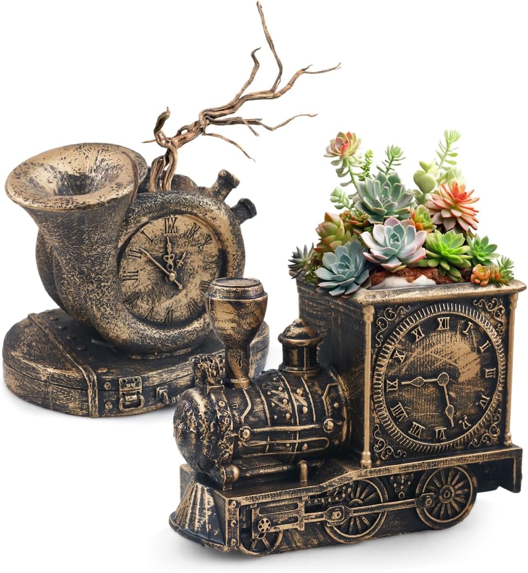 Retro-Style Succulent Pots with Drainage, Indoor/Outdoor Planter, Nostalgic Cactus/Bonsai Garden Pots for Home Decoration and Office Desk Decoration, Vintage Artwork (2 Piece Set) (Bronze-Colored)