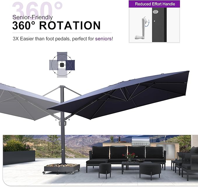 PURPLE LEAF 13 FT Square Patio Umbrella with Base Included Large Outdoor Aluminum Offset Umbrella with 360-degree Rotation Cantilever Umbrella for Garden Deck Backyard Pool Navy Blue