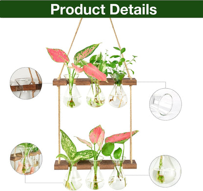 XXXFLOWER Wall Hanging Propagation Station with Wooden Stand 3 Bulb Vase 2 Tiered Planters Wall Terrarium for Home Office Plant Hanger Flower Vases Wall Decor(Brown)