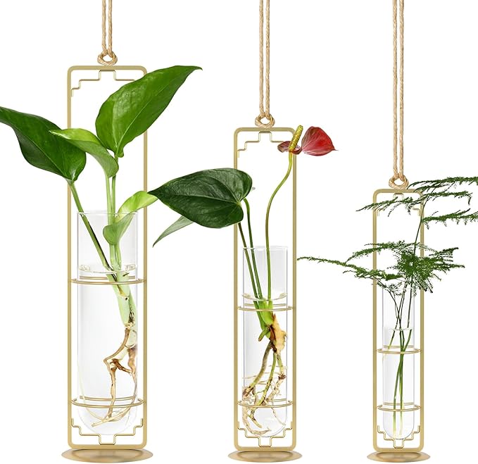 MIPON Plant Propagation Stations,Hanging Glass Propagation Test Tube Vases for Plants with Gold Metal Stand for Hydroponic Cutting Home Garden Office Decor-Gold