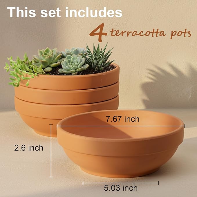Clay Pots for Plants with Drainage Hole, 4 Pack Large Terra Cotta Plant Pot, 7.67 Inch Terracotta Pot Ceramic Pottery Planter Cactus Flower Pots