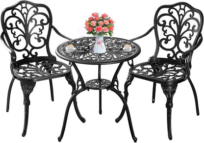 3 Piece Patio Bistro Set Cast Aluminum Bistro Table and Chairs Set of 2 with Umbrella Hole,All Weather Metal Bistro Table Set,Outdoor Patio Furniture Set for Garden(Butterfly Black)