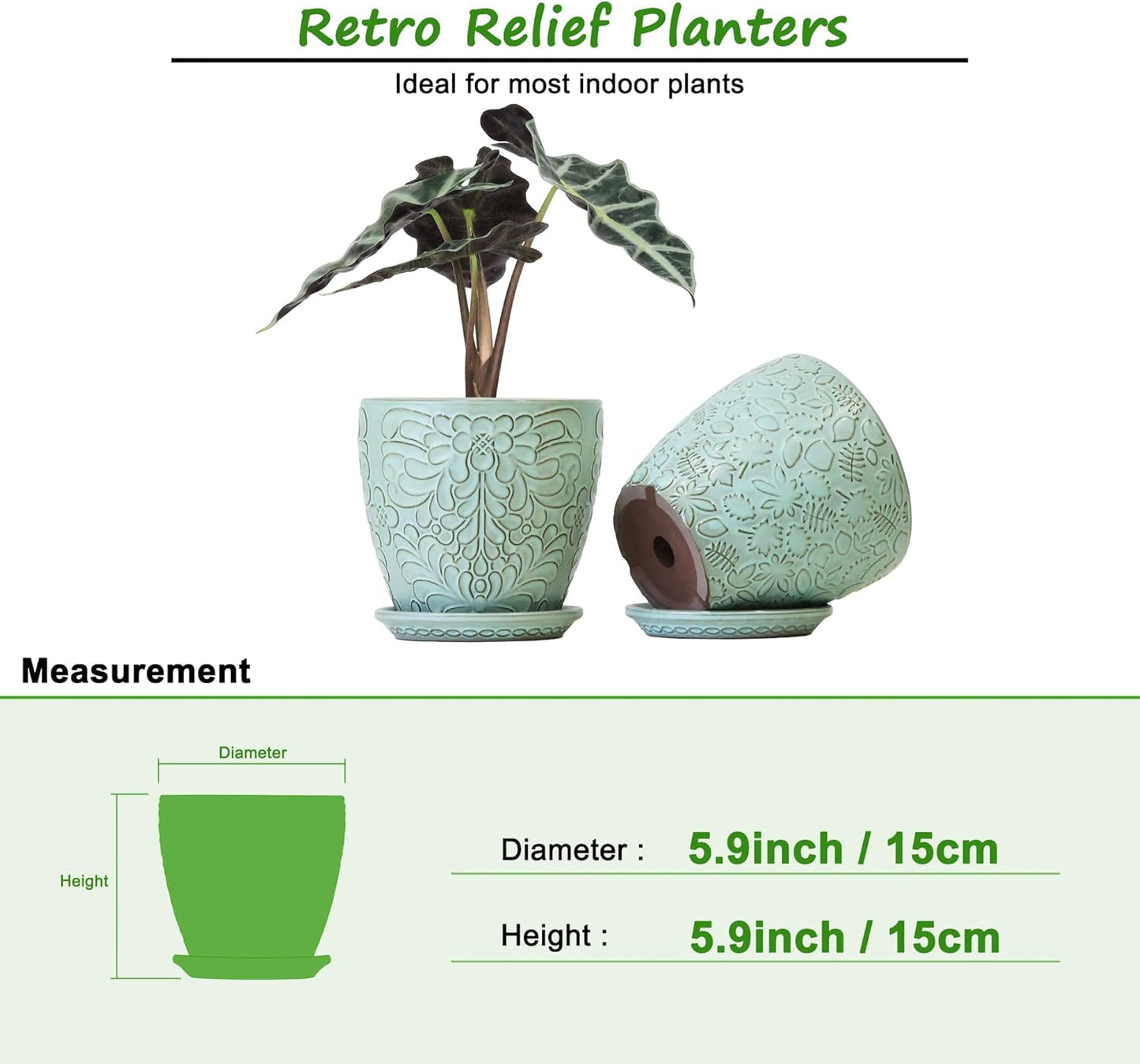 6 Inch Retro Ceramic Planter Set of 2 with Drainage Hole and Saucer for Plants, Indoor-Outdoor Garden Pots for Succulent, Orchid, and Flower (Fits Inner Pots Up to 5 Inches, Retro Green)