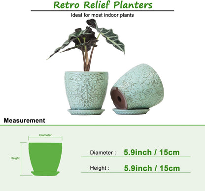 6 Inch Retro Ceramic Planter Set of 2 with Drainage Hole and Saucer for Plants, Indoor-Outdoor Garden Pots for Succulent, Orchid, and Flower (Fits Inner Pots Up to 5 Inches, Retro Green)