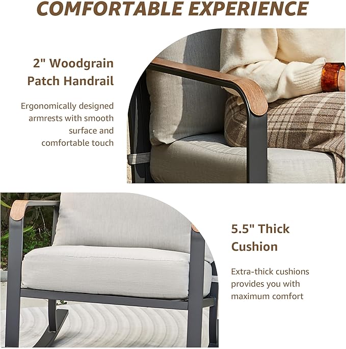 NATURAL EXPRESSIONS Glider Rocking Chair Bistro Set, 3 Pieces Outdoor Patio Furniture Conversation Set with 2 Rocker Chairs, 1 Table and Thick Cushions for Backyard, Porch, Balcony, 350lbs, Grey.