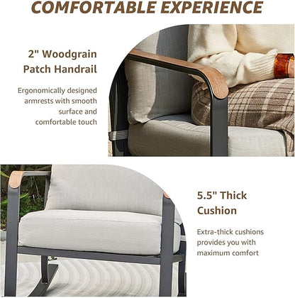 NATURAL EXPRESSIONS Glider Rocking Chair Bistro Set, 3 Pieces Outdoor Patio Furniture Conversation Set with 2 Rocker Chairs, 1 Table and Thick Cushions for Backyard, Porch, Balcony, 350lbs, Grey.