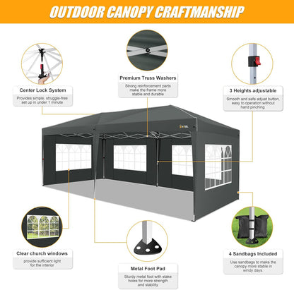 HOTEEL 10x20 Pop up Canopy with 6 Sidewalls, One Push Instant Setup Outdoor Canopy Tent with Reinforce Rod, Weight Bag, for Parties, Events, Gray
