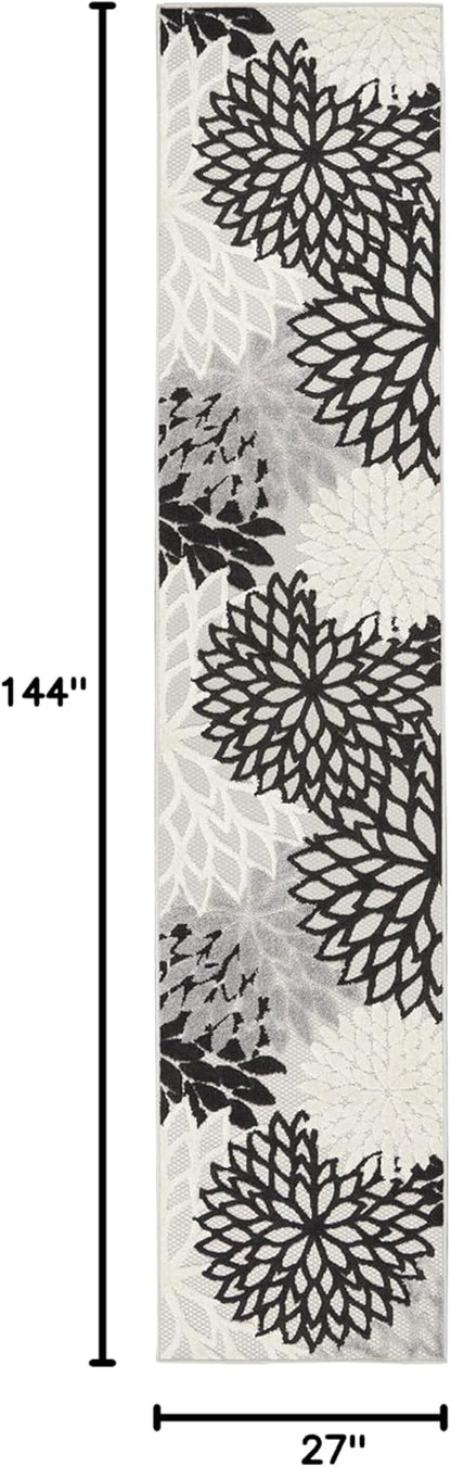Nourison Aloha Indoor/Outdoor Black White 2'3" x 12' Area Rug, Tropical, Botanical, Easy Cleaning, Non Shedding, Bed Room, Living Room, Dining Room, Deck, Backyard, Patio (2x12)