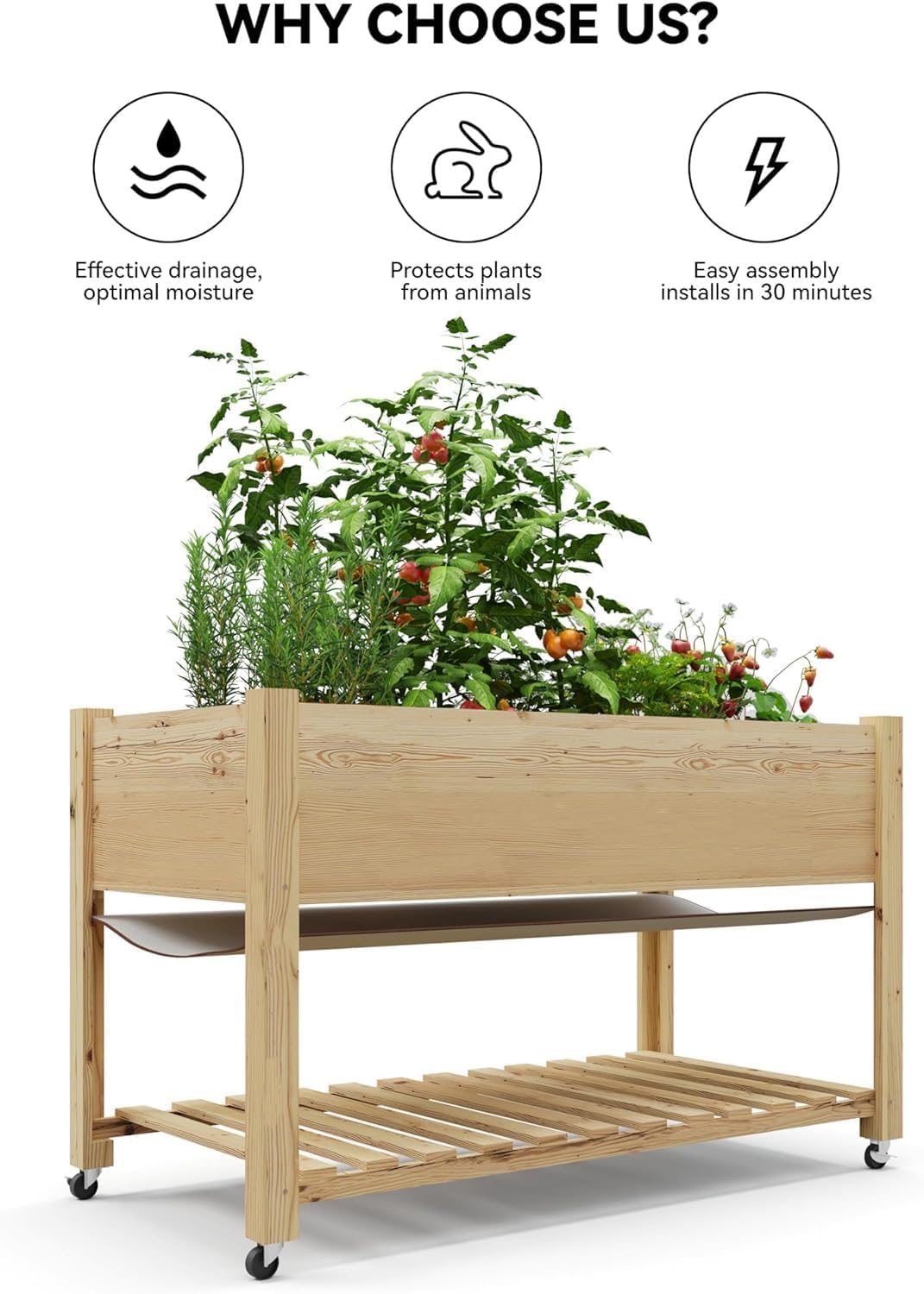 Raised Garden Bed with Legs and Wheels, Wooden Raised Planter Box with Storage Shelf, Protective Liner, Mobile Elevated Wood Planter for Backyard, Patio, Balcony Natural, 48"×24"×30"