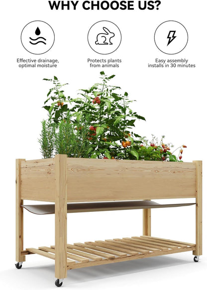 Raised Garden Bed with Legs and Wheels, Wooden Raised Planter Box with Storage Shelf, Protective Liner, Mobile Elevated Wood Planter for Backyard, Patio, Balcony Natural, 48"×24"×30"