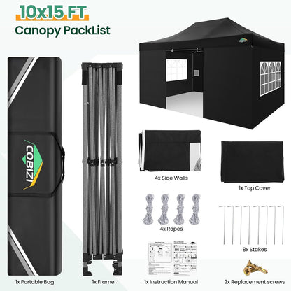 COBIZI 10x15 Heavy Duty Pop up Canopy Tent with 4 sidewalls Commercial Outdoor Canopy Wedding Party Tents for Wedding All Season Wind & Waterproof Gazebo with Carry Bag, Black(Frame Thickened)