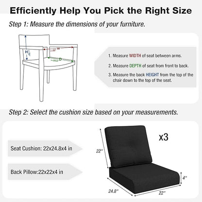 Joyside Outdoor Chair Cushions Set, 22x25/22x24 Inch Patio Furniture Deep Seat Cushions, Water Resistant & Thick Cushion, Outdoor Replacement Cushions for Seat and Sofa (Black, 3 Set)