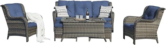 Outdoor Patio Wicker Furniture Set - 6 Piece Rattan Patio Conversation Sectional Sofa Set with 1 Couch,2 Armchairs,2 Ottomans and 1 Glass Top Coffee Table for Porch Deck Garden(Mixed Grey/Blue)