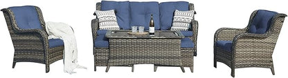 Outdoor Patio Wicker Furniture Set - 6 Piece Rattan Patio Conversation Sectional Sofa Set with 1 Couch,2 Armchairs,2 Ottomans and 1 Glass Top Coffee Table for Porch Deck Garden(Mixed Grey/Blue)