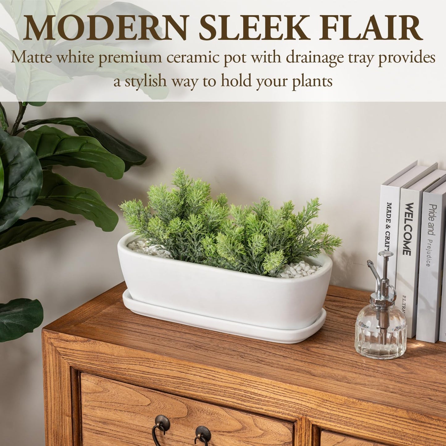 MyGift 14 Inch Oval Modern Matte White Ceramic Succulent Planter Pot with Drainage Hole and Removable Saucer, Decorative Indoor House Plant Container for Flowers, Cactus, Herbs