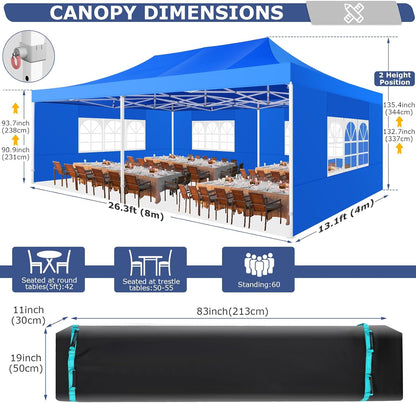 COBIZI 13x26 Pop up Canopy Heavy Duty with 6 Sidewalls, Easy Set-up Commercial Outdoor Party Canopy, 100% Waterproof Wedding Gazebo, 2 Height Adjustable with Wheeled Bag,Blue