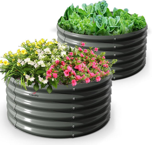 A ANLEOLIFE 2-Pack 4ft x 18” Tall Galvanized Raised Garden Beds Outdoor, Round Metal Planter Box for Planting Vegetables Flowers Herb, Anti-Rust & Easy-Setup, Quartz Grey