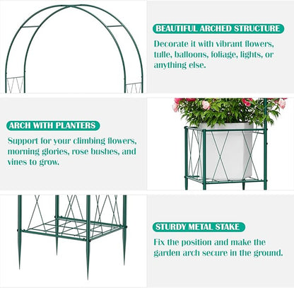 Garden Arch Trellis for Climbing Plants, 8.2 Ft Metal Pergola Arbor with Planter Boxes Outdoor Archway Wedding Arch Backdrop Stand for Halloween Christmas Birthday Party Baby Shower Decoration, Green