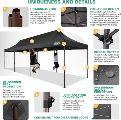 COBIZI 10x30 Pop Up Canopy Tent Heavy Duty with 8 Removable Sidewalls, Commercial Portable Tents for Parties Ez Up Canopy All-Weather Windproof & Waterproof and UPF 80+ Wedding Tent Sun Shelter