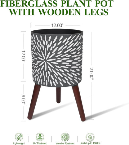 12 Inches Plant Pot with Stand, Large Modern Standing Planters for Indoor Plants with Drainage Holes, Gray Flower Pots with Legs