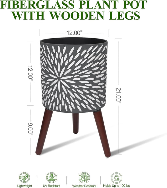 12 Inches Plant Pot with Stand, Large Modern Standing Planters for Indoor Plants with Drainage Holes, Gray Flower Pots with Legs