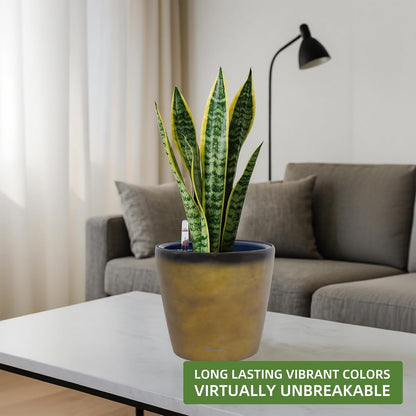 Dexceder 9x8 Inches Self Watering Planter Indoor Outdoor, Inner Pot Design, Thickened Table Flower Plant Pot with Water Level Indicator (Yellow Brown Gradient)