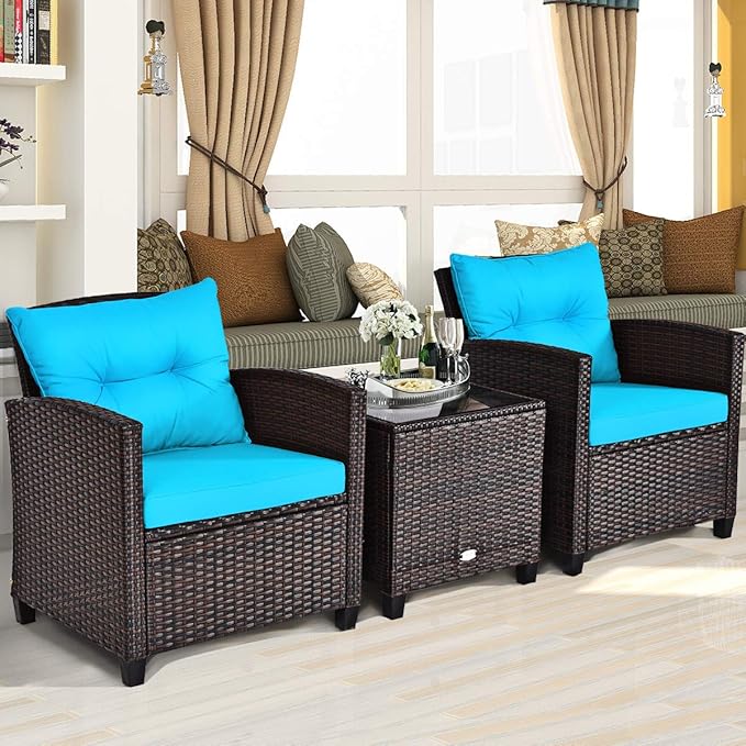 RELAX4LIFE 3 Piece Patio Furniture Set, Wicker Bistro Conversation Set w/ 2 Cushioned Armchairs & Glass Topped Table, Outdoor Rattan Sofa for Porch Balcony Poolside (Turquoise)