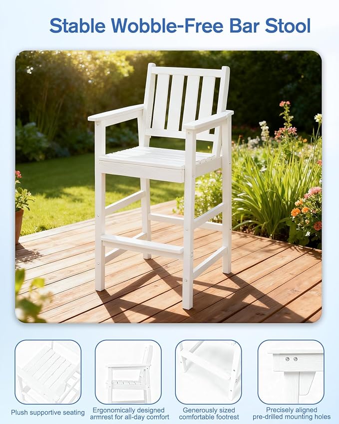 QUASCO 3-Piece Outdoor Adirondack Chairs and Table Sets, HDPE Adirondack Bar Height Chairs Set of 2 and Bar Table, All Weather Outdoor Bar Stools Set for Bistro, Balcony, Poolside, White