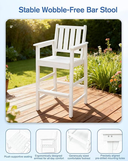 QUASCO 3-Piece Outdoor Adirondack Chairs and Table Sets, HDPE Adirondack Bar Height Chairs Set of 2 and Bar Table, All Weather Outdoor Bar Stools Set for Bistro, Balcony, Poolside, White