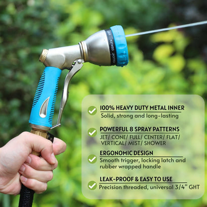 HOSUN Garden Hose Nozzle Sprayer Heavy Duty, 100% Metal Water Hose Nozzle with 8 Spray Patterns, High Pressure Hose Spray Nozzle with Non-Slip Grip for Watering Plant & Lawn, Washing Car & Pet, Blue